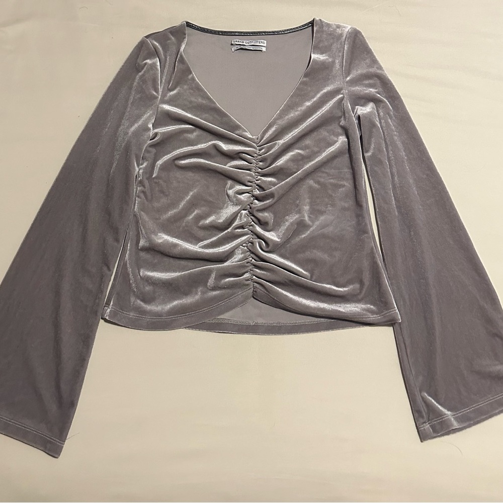 Urban Outfitters Velvet Ruched Long Bell Sleeve Top